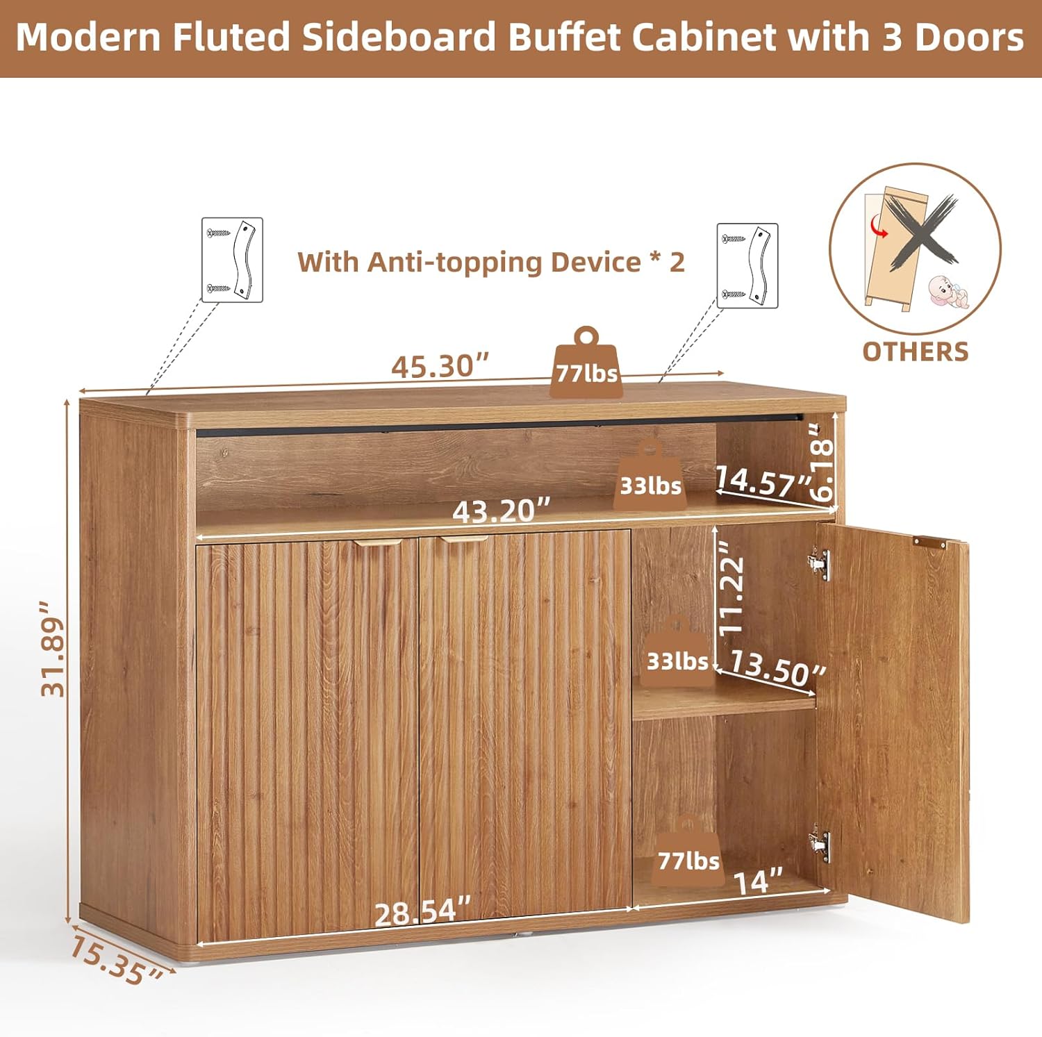 LEYAOYAO Fluted Buffet Cabinet with Storage, 45" Wide Modern Sideboard Credenza with 3 Doors & Open Storage Shelf, Wood Kitchen Console Accent Cabinets, Coffee Bar Table for Dining Room, Tea Brown