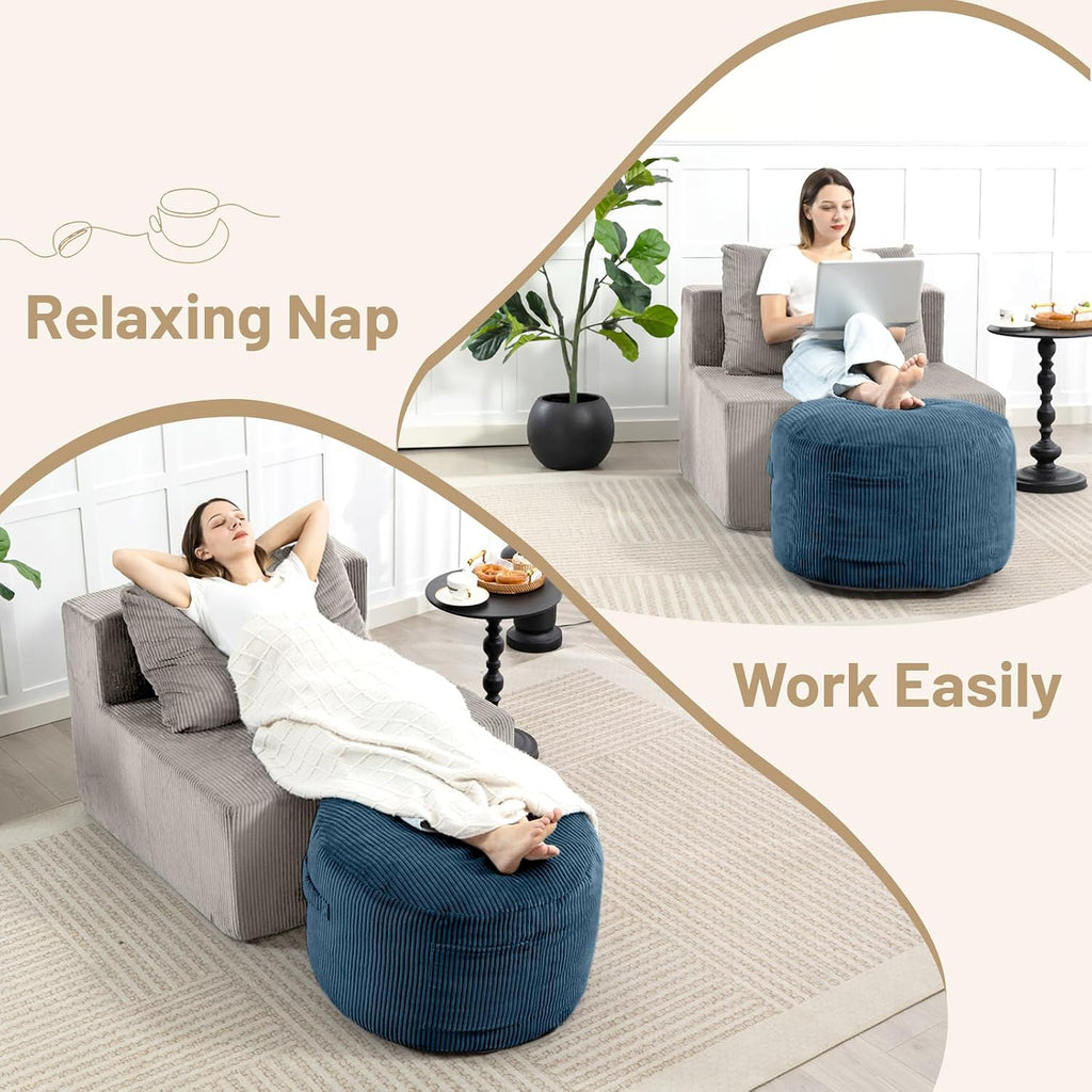 Round Stuffed Pouf Ottoman (Blue, 20" D x 20" W x 15" H) | Corduroy Foot Rest with Rebound Foam Filling, Furry and Fluffy Foot Stool Ottoman, Floor Poufs for Living Room
