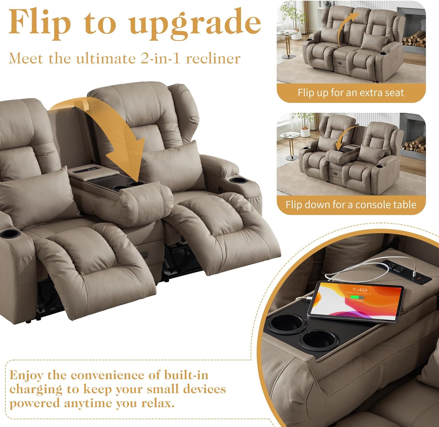 Loveseat Recliner Sofa,RV Wall Hugger Recliners for Small Spaces,Reclining Loveseat Sofa Recliner with Cup Holders/Lumbar Pillows,RV Furniture (Khaki, Loveseat with Flip-up Console)