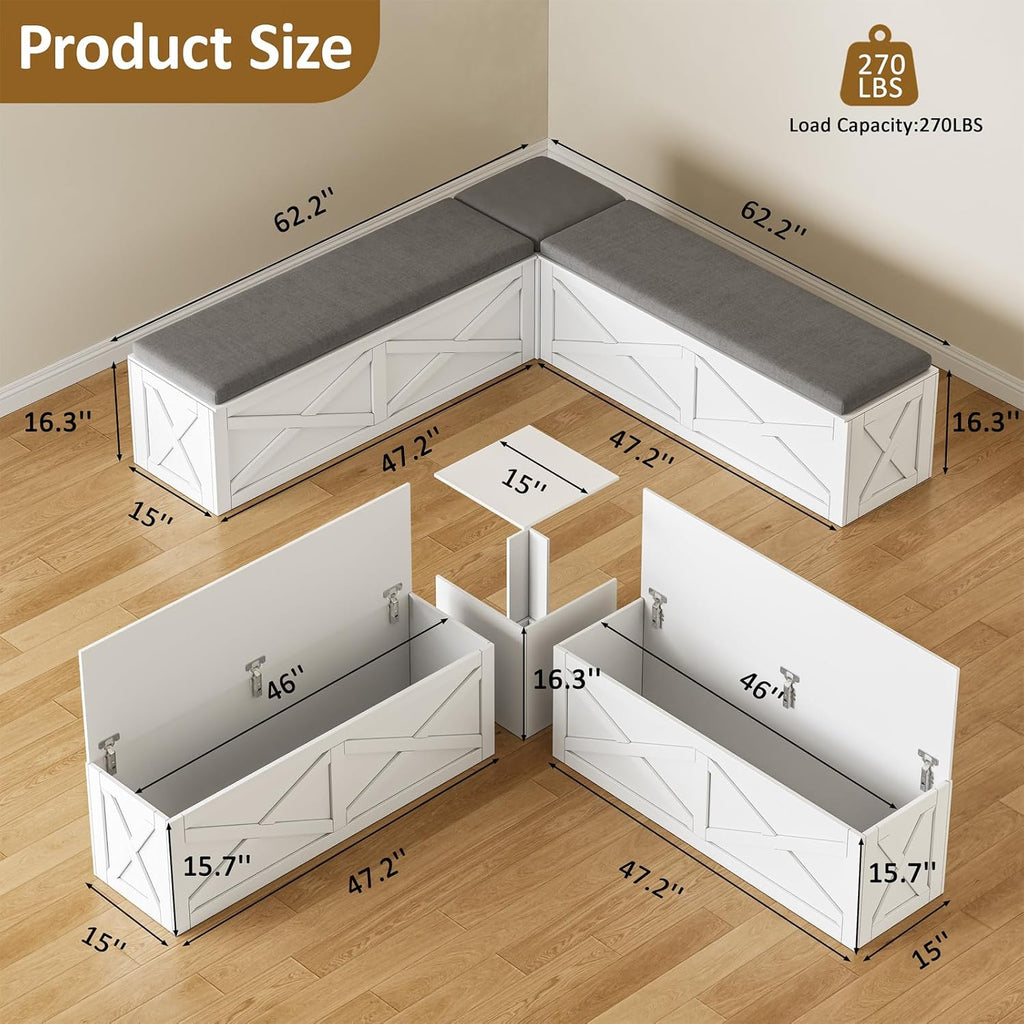 L-Shape Storage Bench with Cushion, Farmhouse Corner Dining Bench, Kitchen Breakfast Nook Bench with Hidden Storage for Dining Room, Entryway, Cloakroom, White