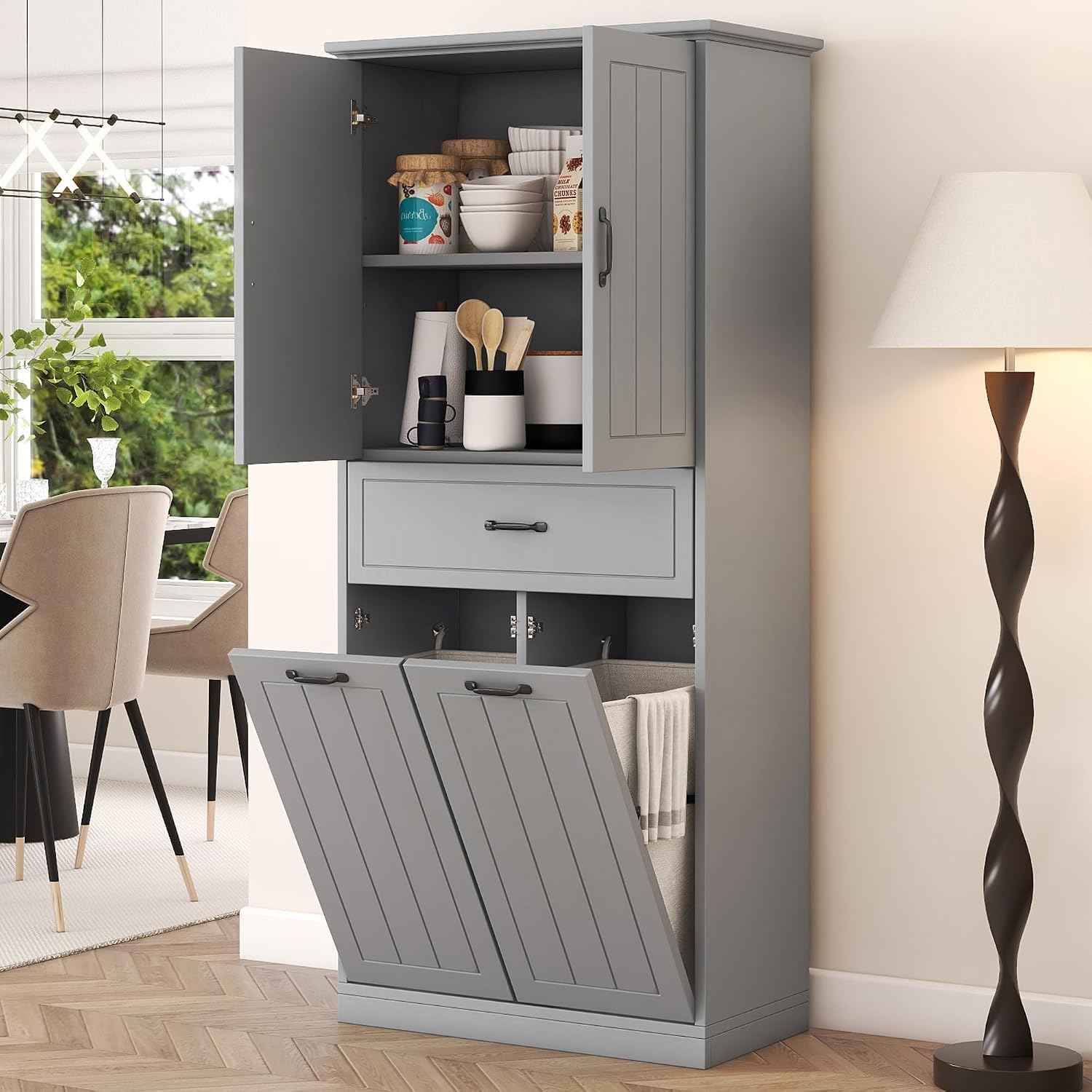 Merax 65.8" Pantry Cabinet with Two Doors & One Drawer & Two Laundry Hampers, Adjustable Shelves Storage Cupboard for Kitchen/Dining Room/Bathroom, Gray