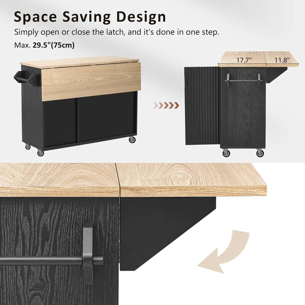 Movable Kitchen Island with Drop Leaf Height-Adjustable Shelves, Kitchen Islands with Storage Cabinets with Wheels Towel Rack， for Kitchen, Dining Room, Black