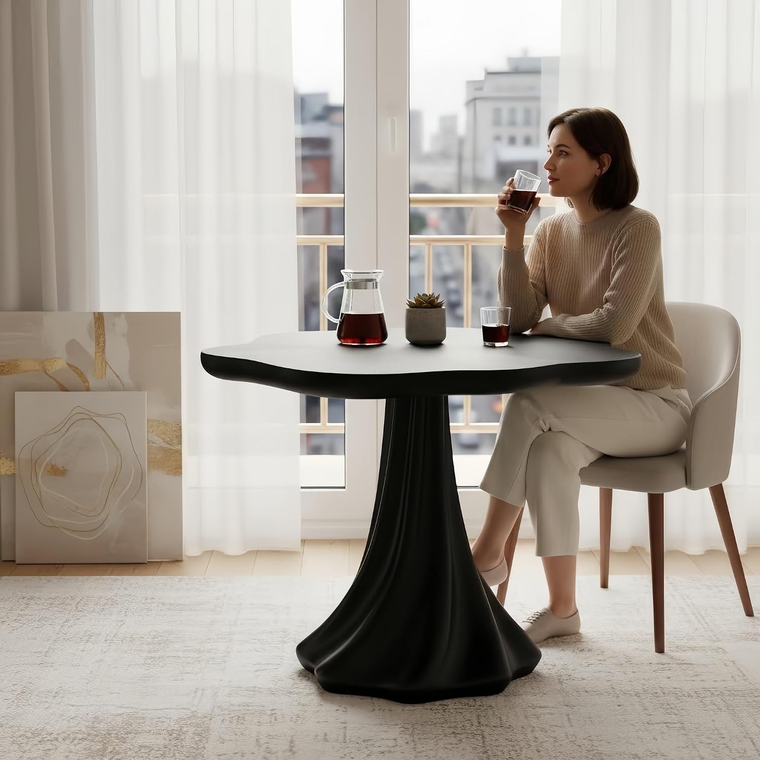37" Round Modern Dining Table – Flower Shape Top, Twisted Pedestal Base, Black, Table Only for 2-4 People