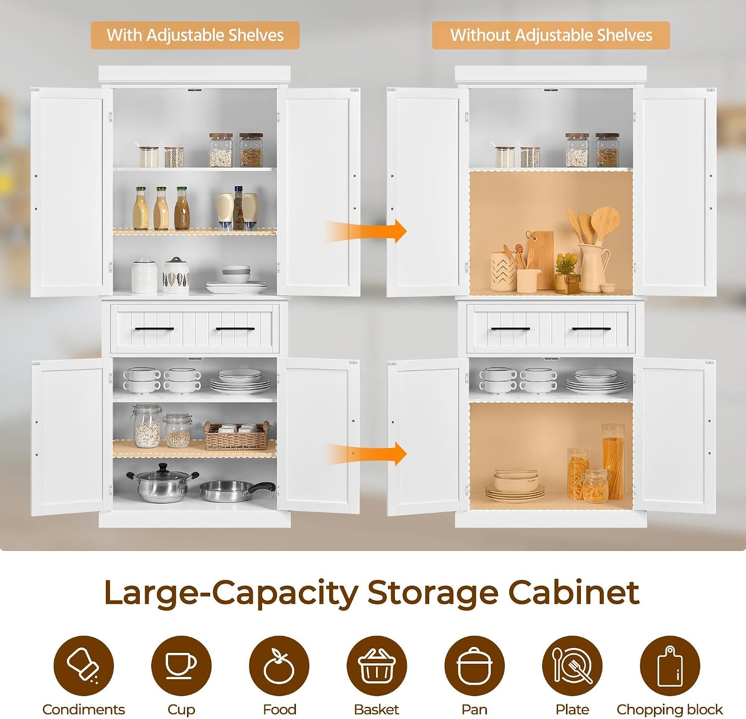 Yaheetech 72.5" H Freestanding 4-Door Kitchen Storage Cabinet,White | Stand‑up Pantry with Adjustable Shelves & Wide Drawer, Engineered Wood Construction, Kitchen/Living Room