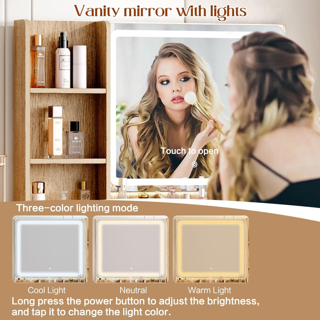 Large Vanity Desk with 3 Color Touch Screen Dimming Mirror, Vanity Desk with Charging Station, Modern Retractable Makeup Dressing Table, Makeup Table With storage shelves and 5 Sliding Drawers, Wood