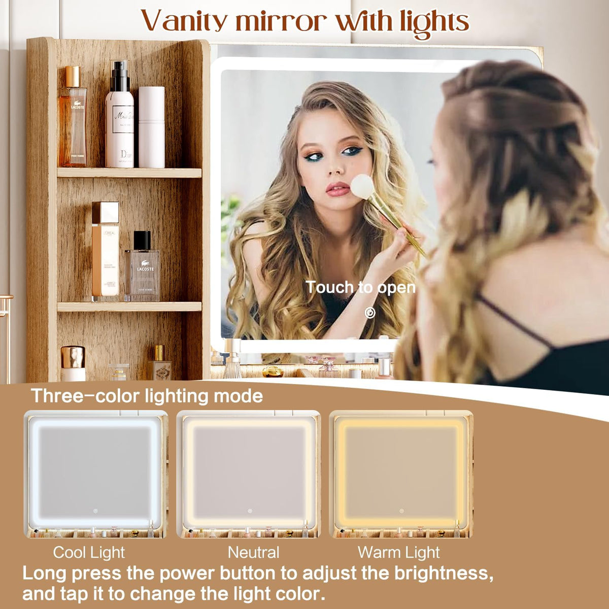 Large Vanity Desk with 3 Color Touch Screen Dimming Mirror, Vanity Desk with Charging Station, Modern Retractable Makeup Dressing Table, Makeup Table With storage shelves and 5 Sliding Drawers, Wood