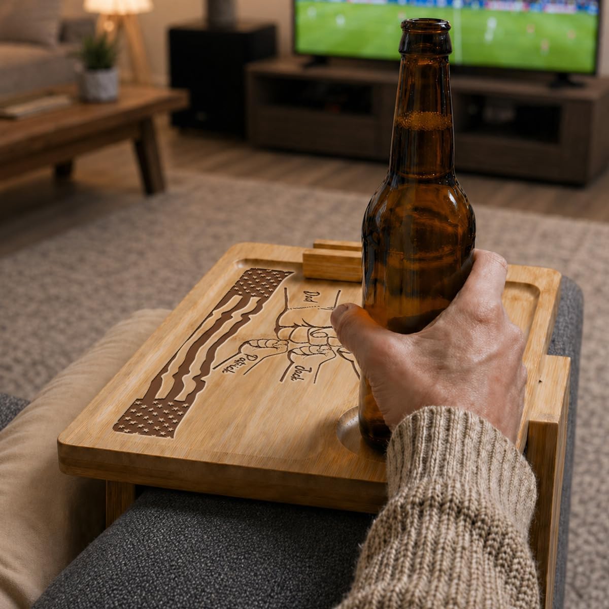 Wrappiness Custom Engraved Couch Arm Table for Dad, Wood Sofa Arm Rest Tables with 360° Phone Holder, Portable Sofa Armrest Tray for Drink Snacks, Gift for Fathers Day (Best Dad Ever)