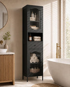 fineway 68"H x 16"W Tall Bathroom Storage Cabinet with Door & Drawer, Black | Clear-View Doors, 6-in-1 Large Capacity Storage, Easy Assembly & 4-Year Warranty, FSC-Certified Wood, Anti-Tip Safety