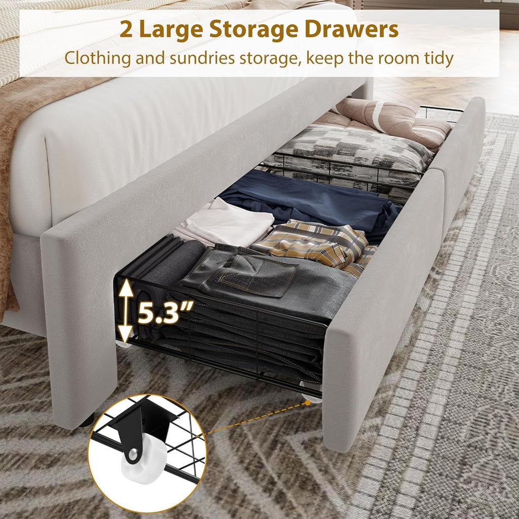 GarveeLife King Size Velvet Upholstered Bed Frame, 2 Storage Drawers with Smooth Casters, Button Tufted Rivets Headboard, Wooden Slat Support, Noise Free & No Box Spring Needed, Beige Bedroom Bed