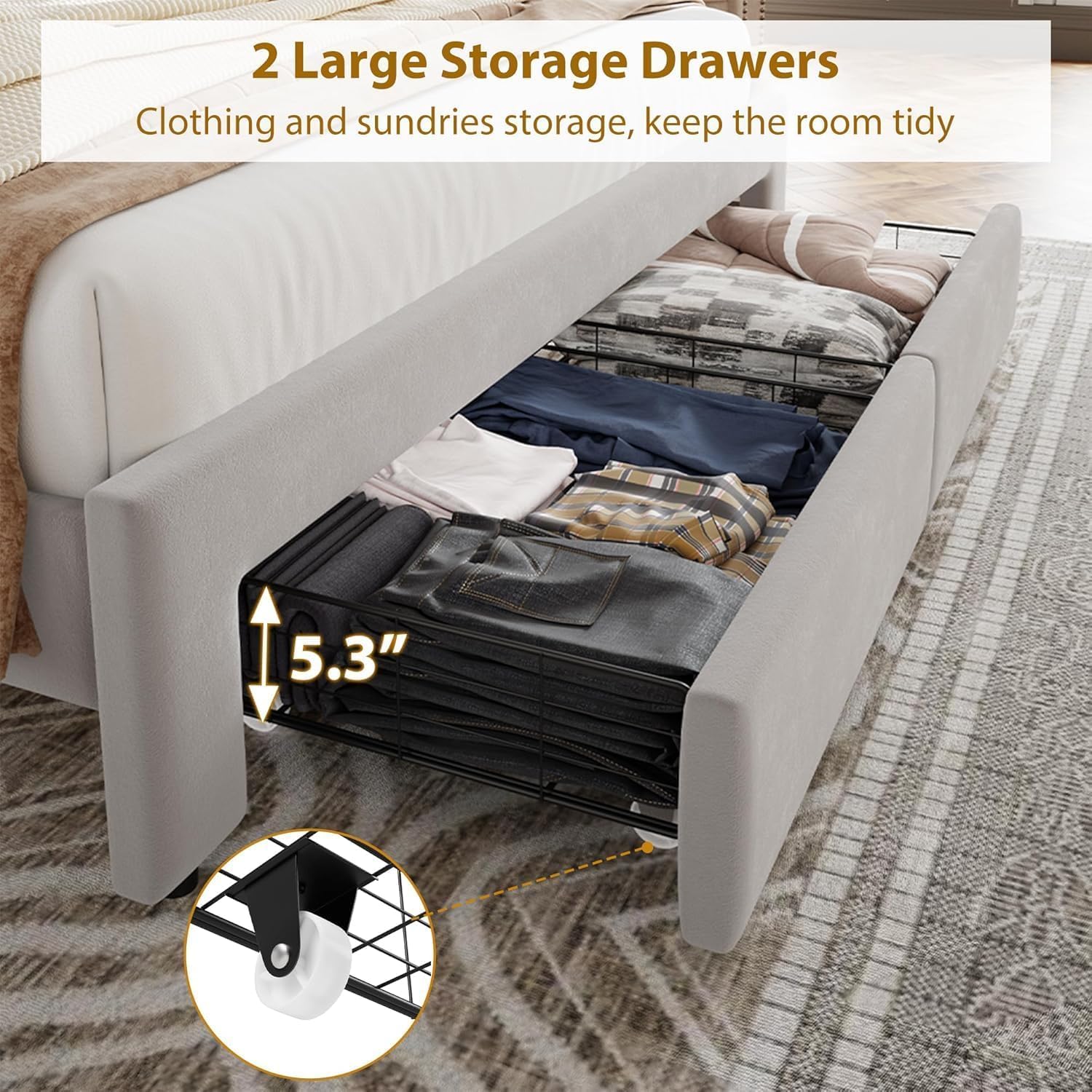 GarveeLife King Size Velvet Upholstered Bed Frame, 2 Storage Drawers with Smooth Casters, Button Tufted Rivets Headboard, Wooden Slat Support, Noise Free & No Box Spring Needed, Beige Bedroom Bed