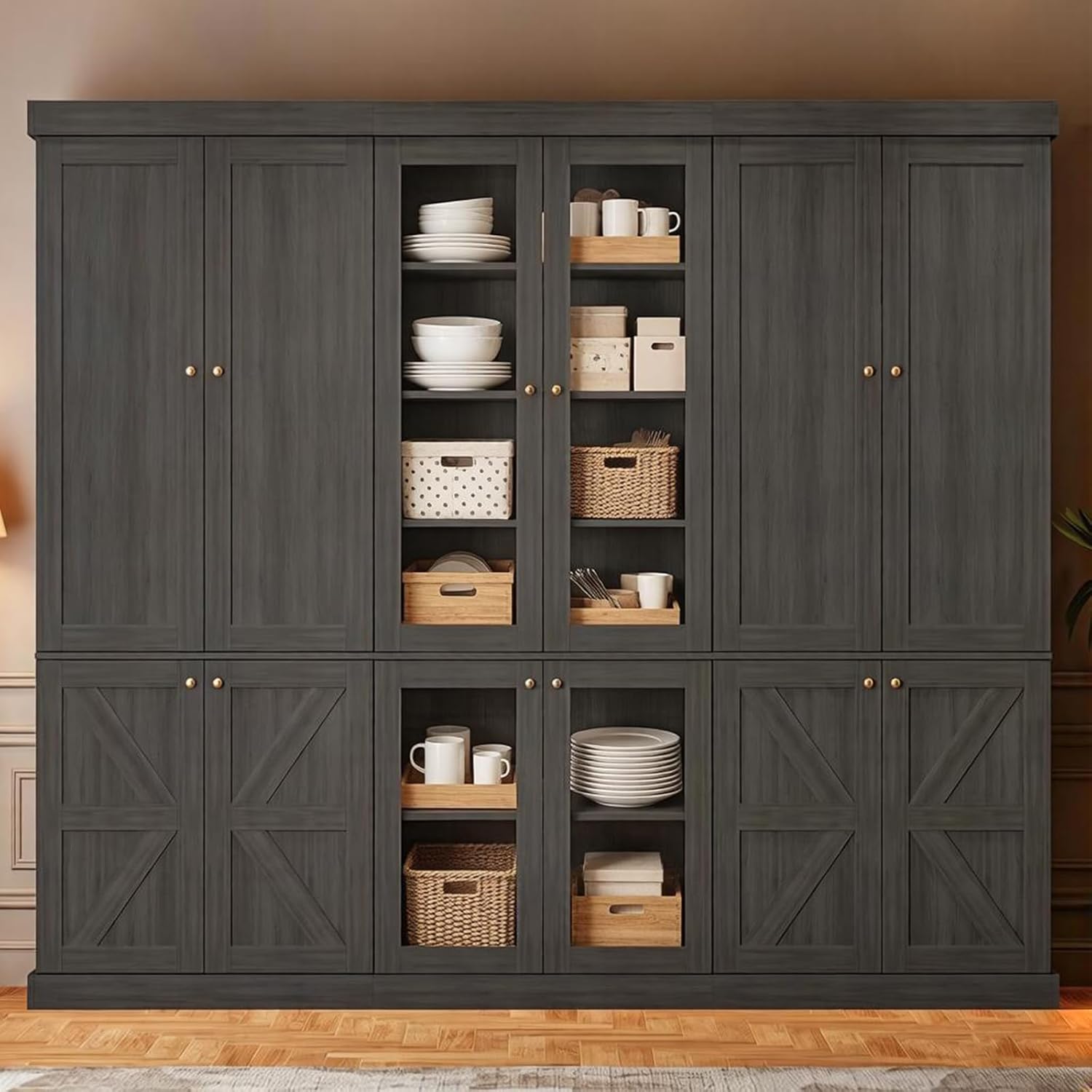 ivaniti 70.8" Tall Farmhouse Kitchen Pantry Cabinet with Glass Doors, Modular Storage Cabinet with 6-Tier Adjustable Shelves, Large Storage Cabinet for Kitchen or Living Room, Set of 3, Black