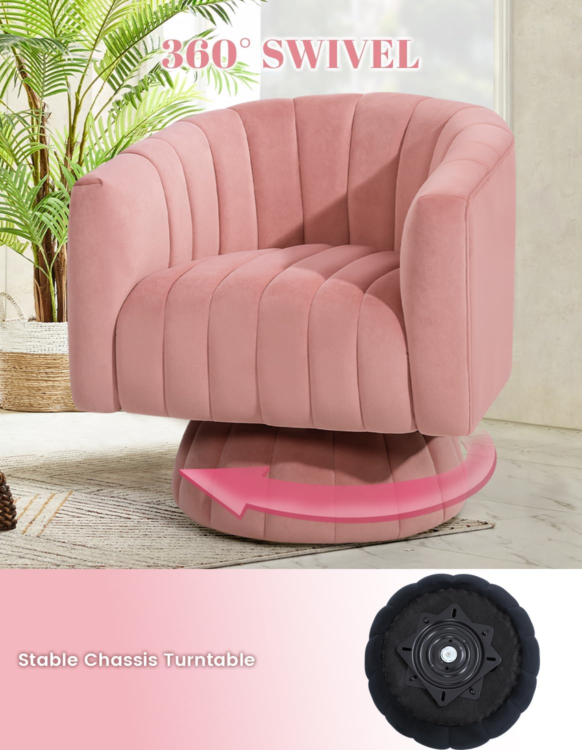 Kromax Swivel Accent Chair, Mid Century 360 Degree Barrel Chair with Armrest, Overstuffed Tufted Velvet, Ideal for Living Room, Bedroom, Reading Room, Light Pink