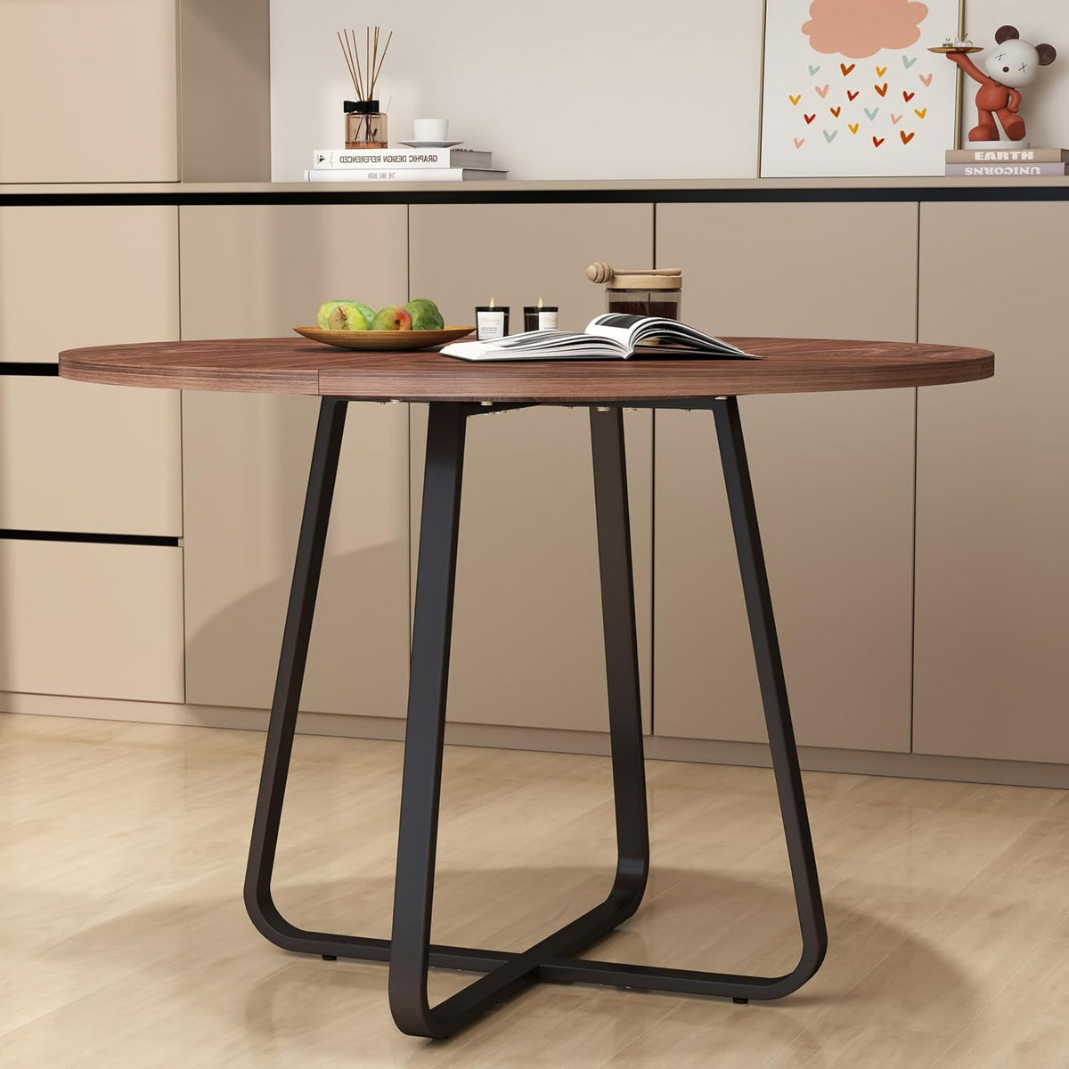 43.31'' Round Dining Table, Wood Kitchen Table with Metal X-Shaped Base, Kitchen Dining Room Circle Dinner Pedestal Table, Space Saving Industrial Circle Coffee Table for Home Living Room Furniture