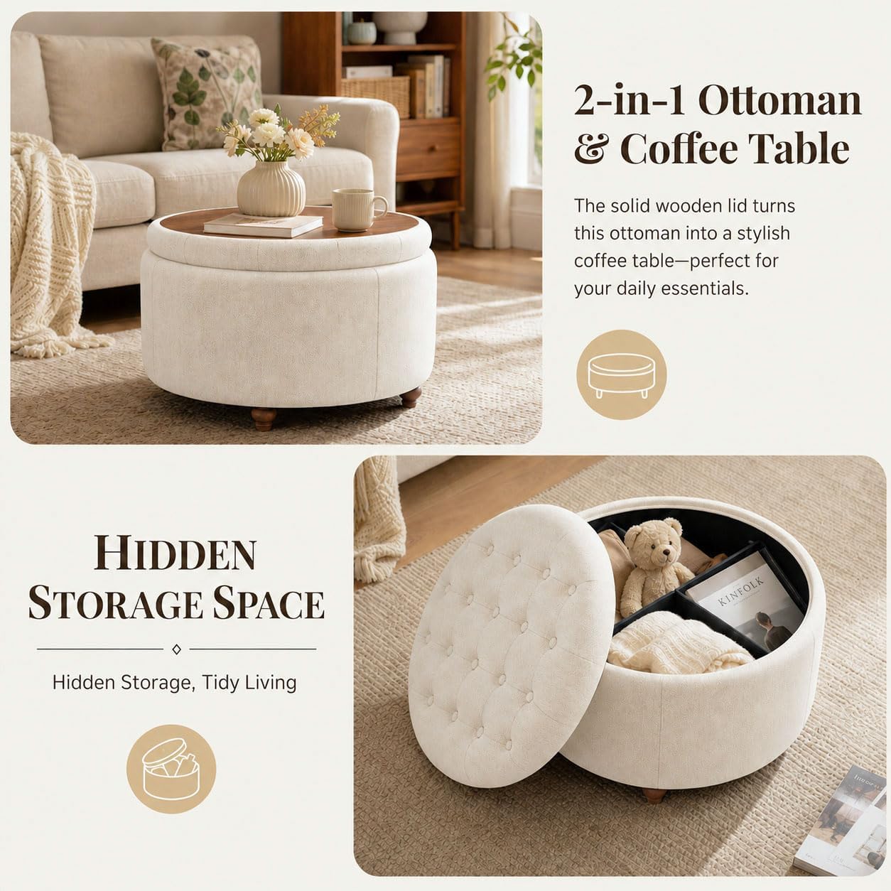 25" Round Ottoman with Storage, Small Coffee Table with Reversible Tray Lid | Tufted Fabric Round Storage Ottoman with Solid Wood Legs, 3-in-1 Footrest for Living Room, Bedroom, Entryway, Camel