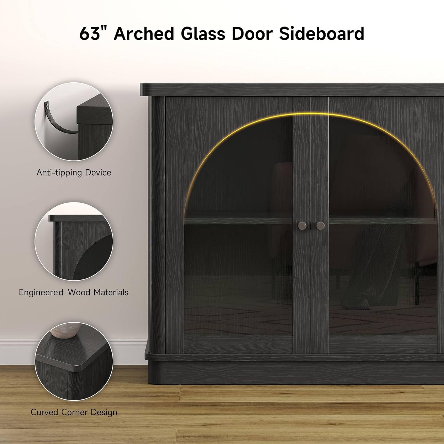 ONBRILL 63 Inch Sideboard Buffet Cabinet with Glass Doors and 4 Doors Black