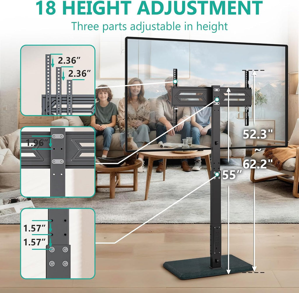 WALI Floor TV Stand with Power Outlet, Tall TV Stand Mount for 32-75 inch TV up to 110 lbs, Swivel and Height Adjustable TV Stands with Wood Base for Bedroom, Living Room(TVDVD-7P), Black