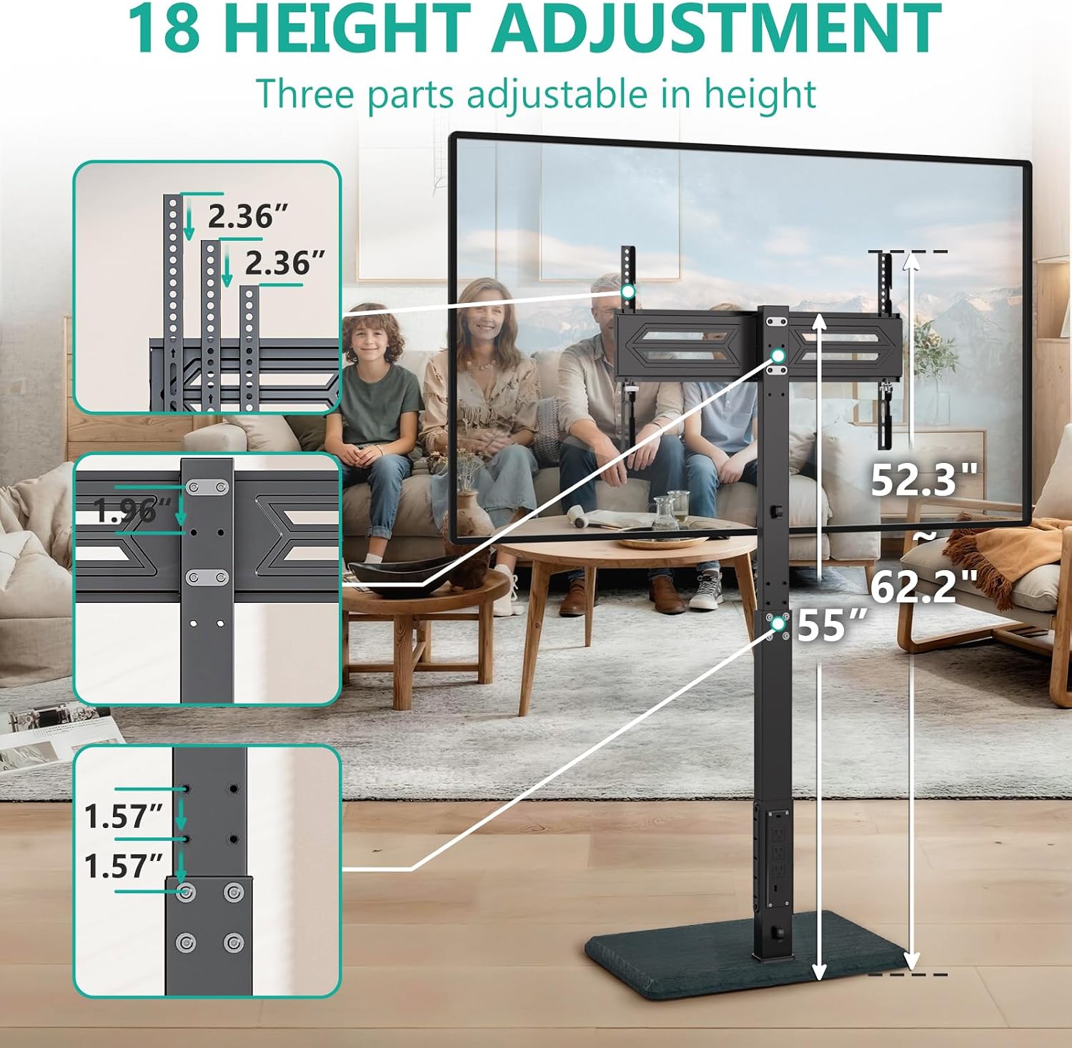 WALI Floor TV Stand with Power Outlet, Tall TV Stand Mount for 32-75 inch TV up to 110 lbs, Swivel and Height Adjustable TV Stands with Wood Base for Bedroom, Living Room(TVDVD-7P), Black
