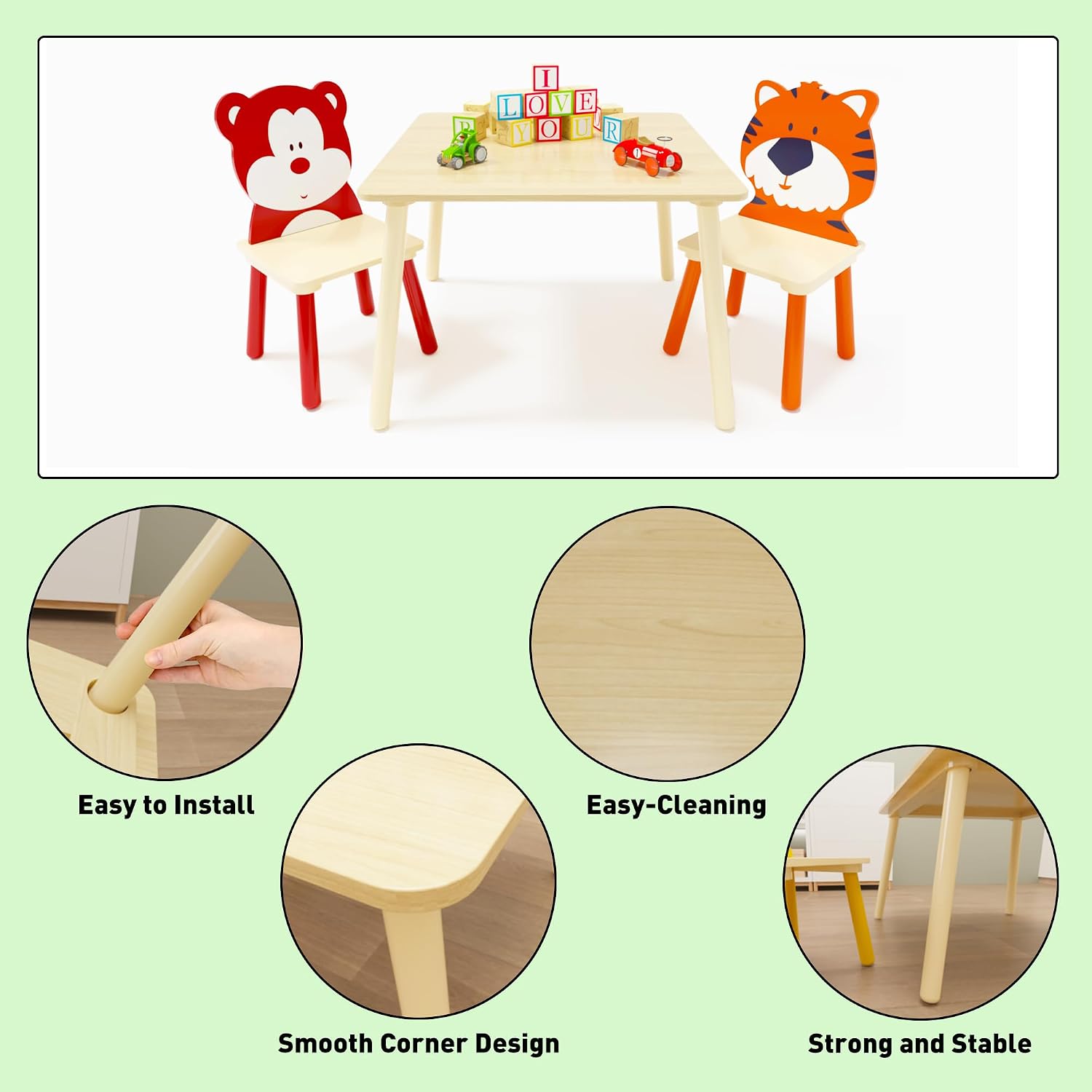 Kids Table & 2 Chairs Set Bear Tiger Wooden 3-Piece Toddler Set