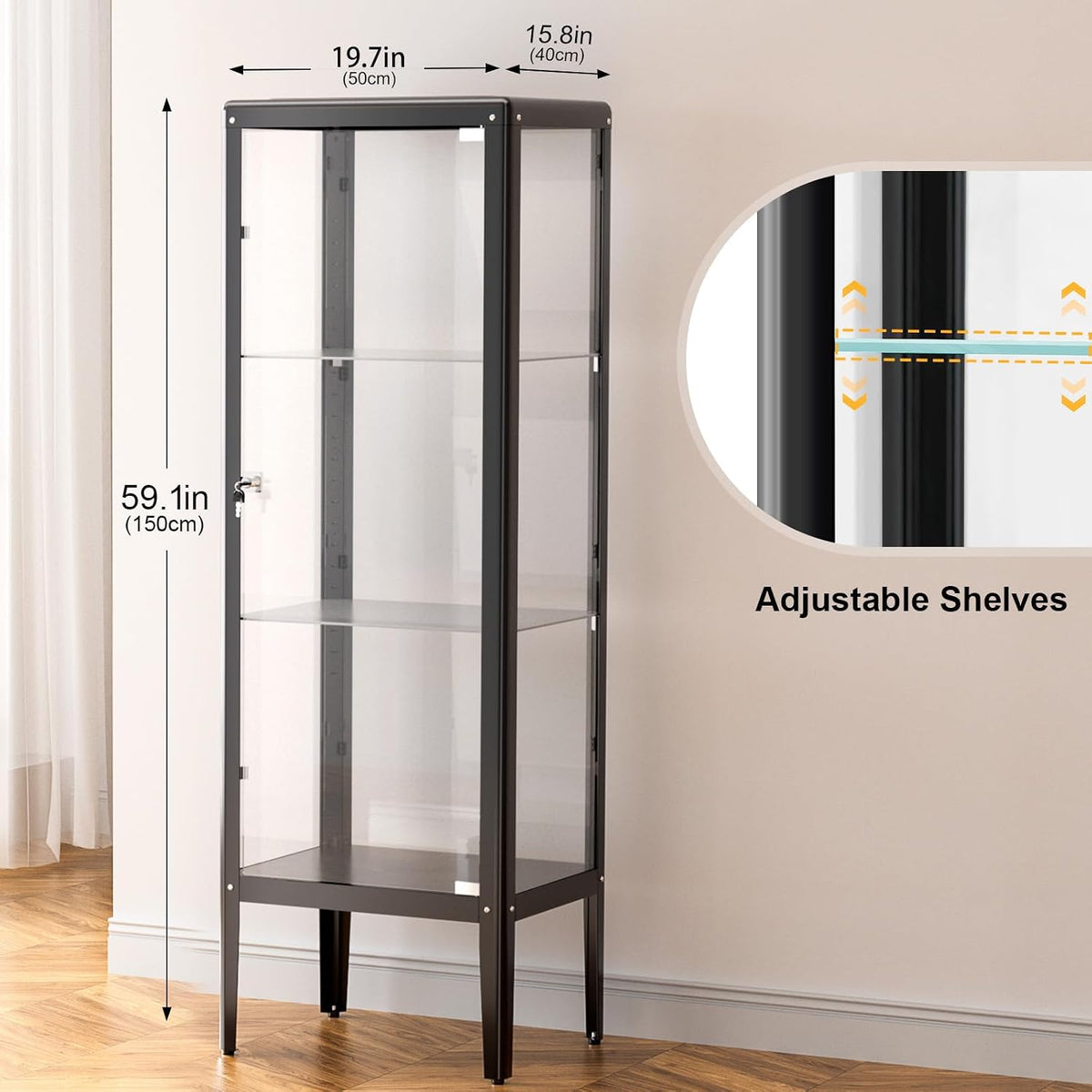 Ryoko Display Cabinet with Glass Door, Adjustable 3-Shelf Shelves, Curio Cabinet with LED Light, Glass Display Cabinet with Lock,Storage Cabinets, Dark Grey