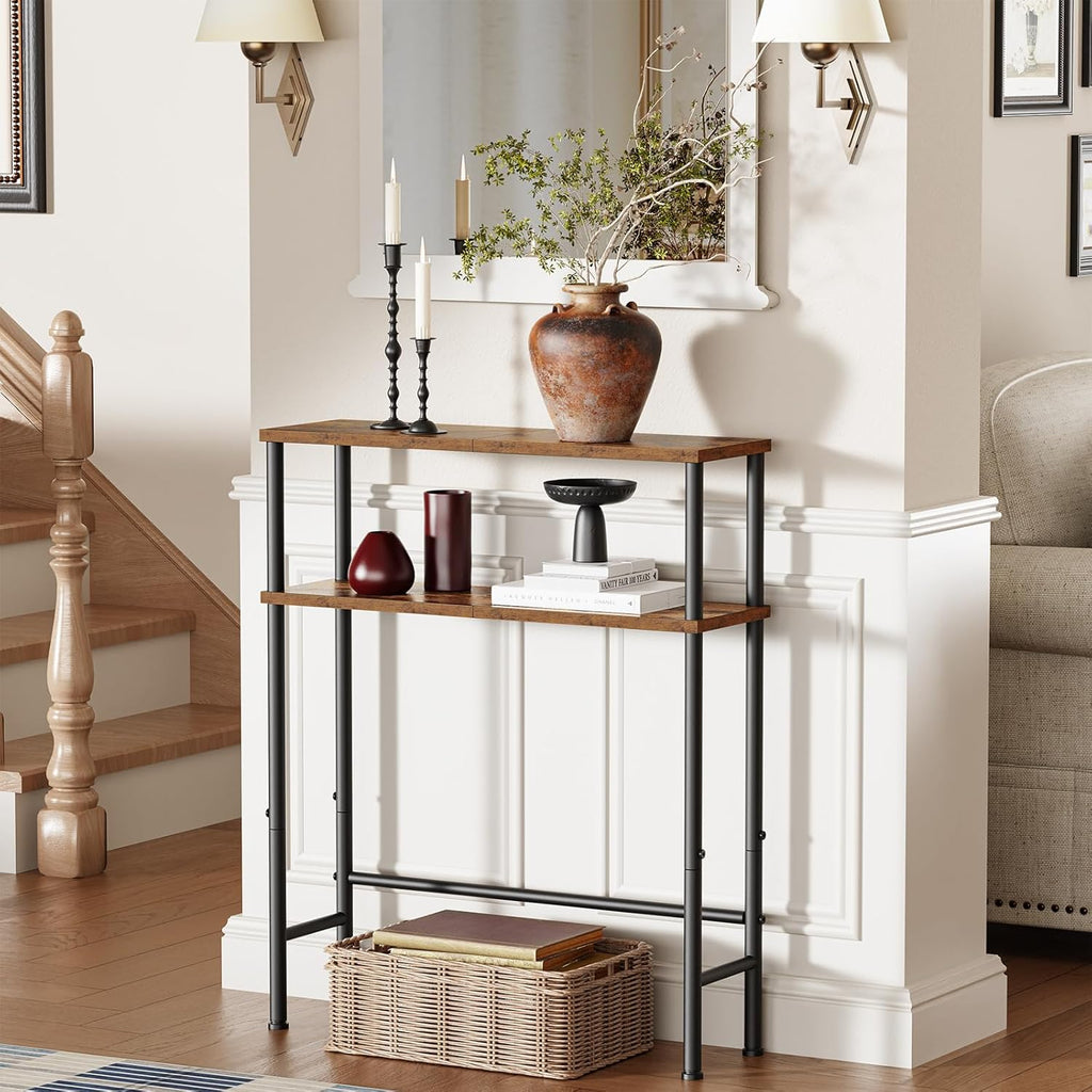 Asgolion Narrow Console Table, 23.6" Small Entryway Table, 2-Tier Sofa Table with Storage, Skinny Console Tables for Entryway, Hallway, Bedroom, Living Room, Foyer, Rustic Brown