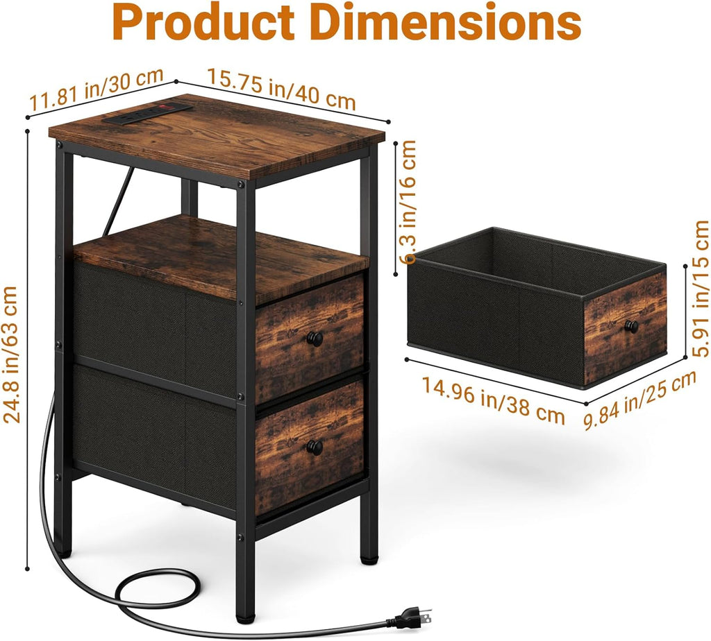 Lewondr End Table with Charging Station and LED Light, Narrow Side Table with 2 Fabric Drawers, Thin Nightstand with USB Ports for Bedside, Bedroom, Living Room, Small Spaces