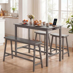 GIANTEX 4-Piece Counter Height Dining Table Set with Power Outlet, Solid Rubber Wood Kitchen Table with Saddle Backless Bench & 2 Stools, Space-Saving Bar Table Set for Breakfast Nook (Gray)