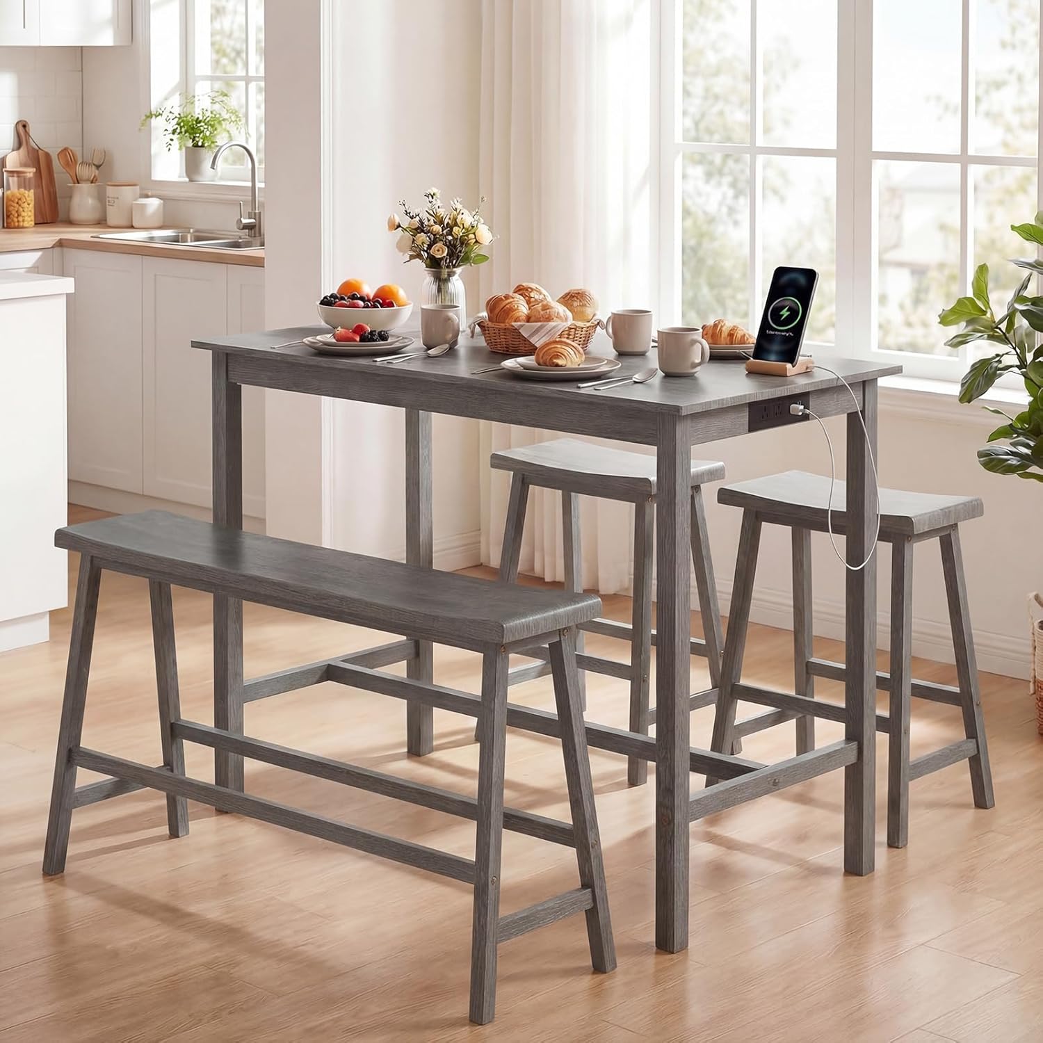 GIANTEX 4-Piece Counter Height Dining Table Set with Power Outlet, Solid Rubber Wood Kitchen Table with Saddle Backless Bench & 2 Stools, Space-Saving Bar Table Set for Breakfast Nook (Gray)