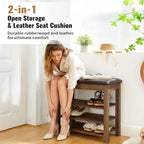 24" Short Entryway Shoe Storage Bench with Cushion, Height Adjustable 3-Tier Rubberwood Shoe Rack with Hidden Compartment, Brown Wood Shoe Organizer for Small Spaces