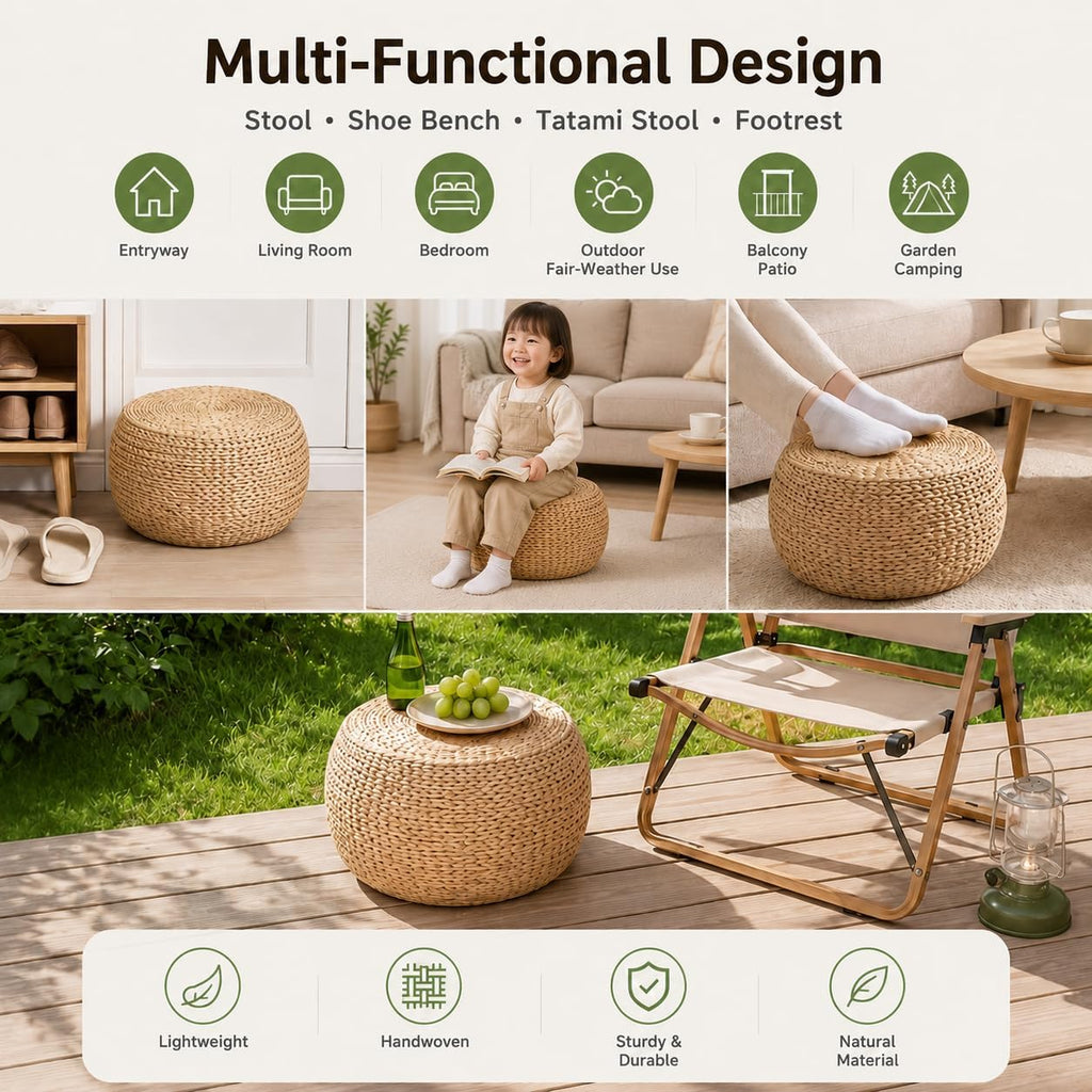 Small Straw Pouf Ottoman, Low Natural Footrest, Dia: 12.2" | Natural, Eco-friendly, Lightweight, Anti-Slip, Breathable, Boho Tatami Footstool for Living Room Bedroom Patio
