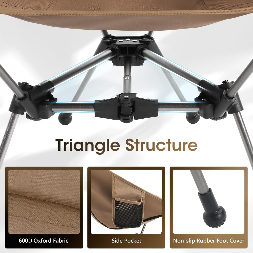 Camptime Portable Camping Chair, Lightweight Compact Backpacking Chair with Side Pocket, Wide Seat Folding Chair for Camping, Hiking, Beach - Supports 330Lbs, Khaki