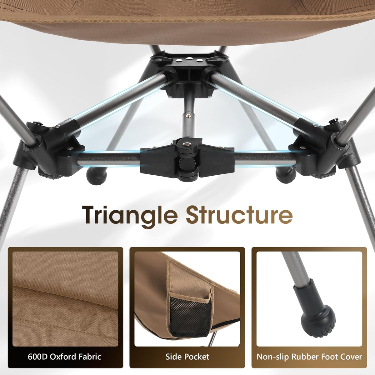Camptime Portable Camping Chair, Lightweight Compact Backpacking Chair with Side Pocket, Wide Seat Folding Chair for Camping, Hiking, Beach - Supports 330Lbs, Khaki