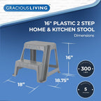 Gracious Living 2-Step Stool, Portable Plastic Stepping Stool for Dorm, Home, Classroom, or Office, 18"L x 18.75"W x 16"H - 300 Pound Capacity, Gray