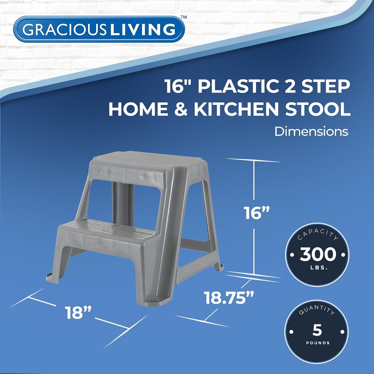 Gracious Living 2-Step Stool, Portable Plastic Stepping Stool for Dorm, Home, Classroom, or Office, 18"L x 18.75"W x 16"H - 300 Pound Capacity, Gray