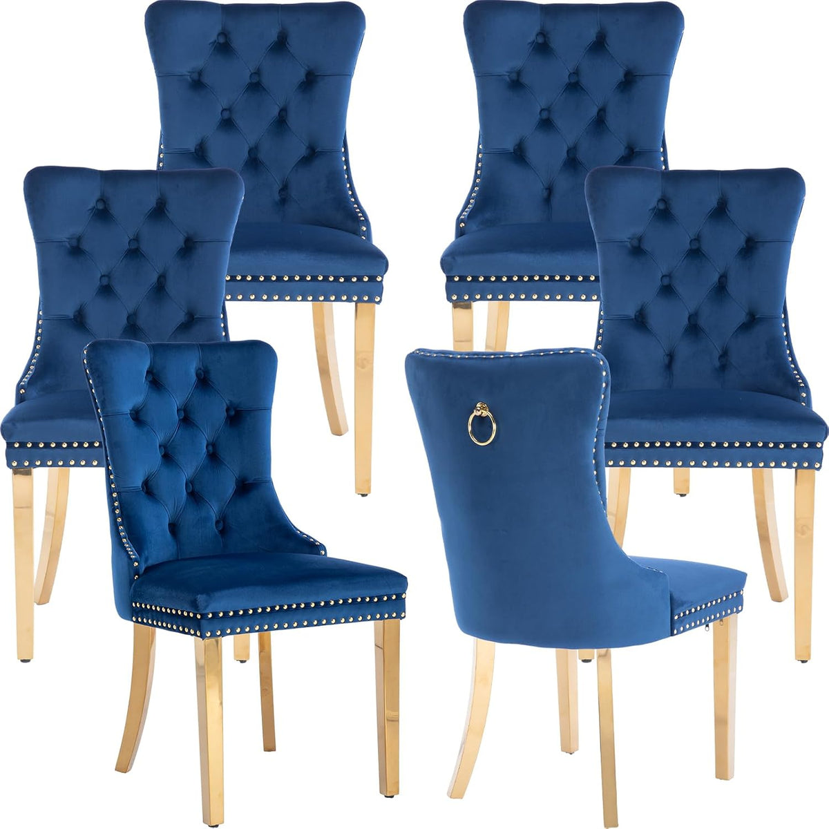 Velvet Dining Chairs Set of 6, Tufted Upholstered High Wingback Chairs with Nailhead Trim & Pull Ring, Golden Stainless Steel Legs for Dining Room, Sillas de Comedor, Blue