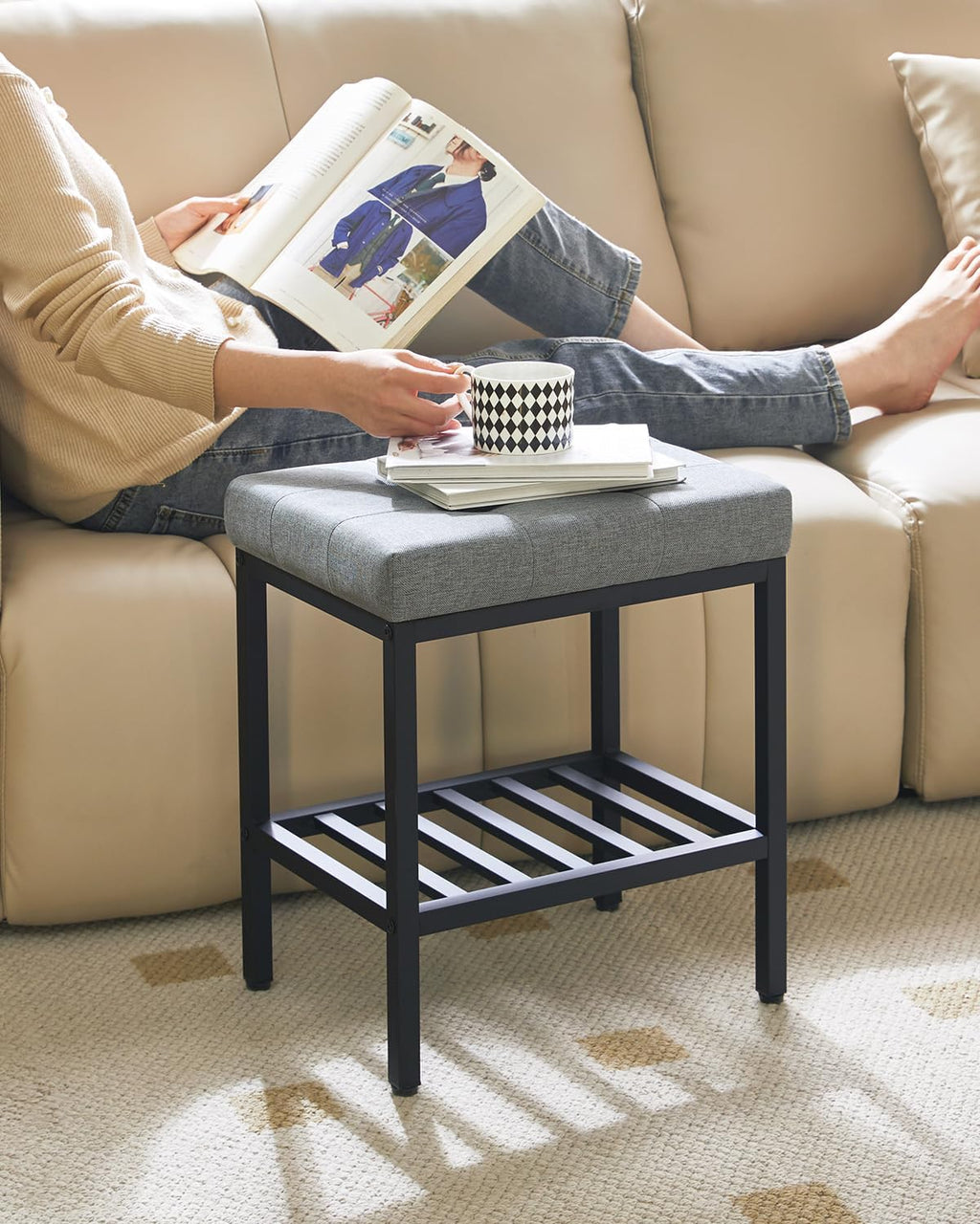 IBUYKE Rectangular Makeup Stool with Adjustable Feet and Storage Space, Footrest Chair, Linen Seat Vanity Stool, Multi-Use as Small Side Table or Ottoman, for Bedroom, Blue Gray WBD017L