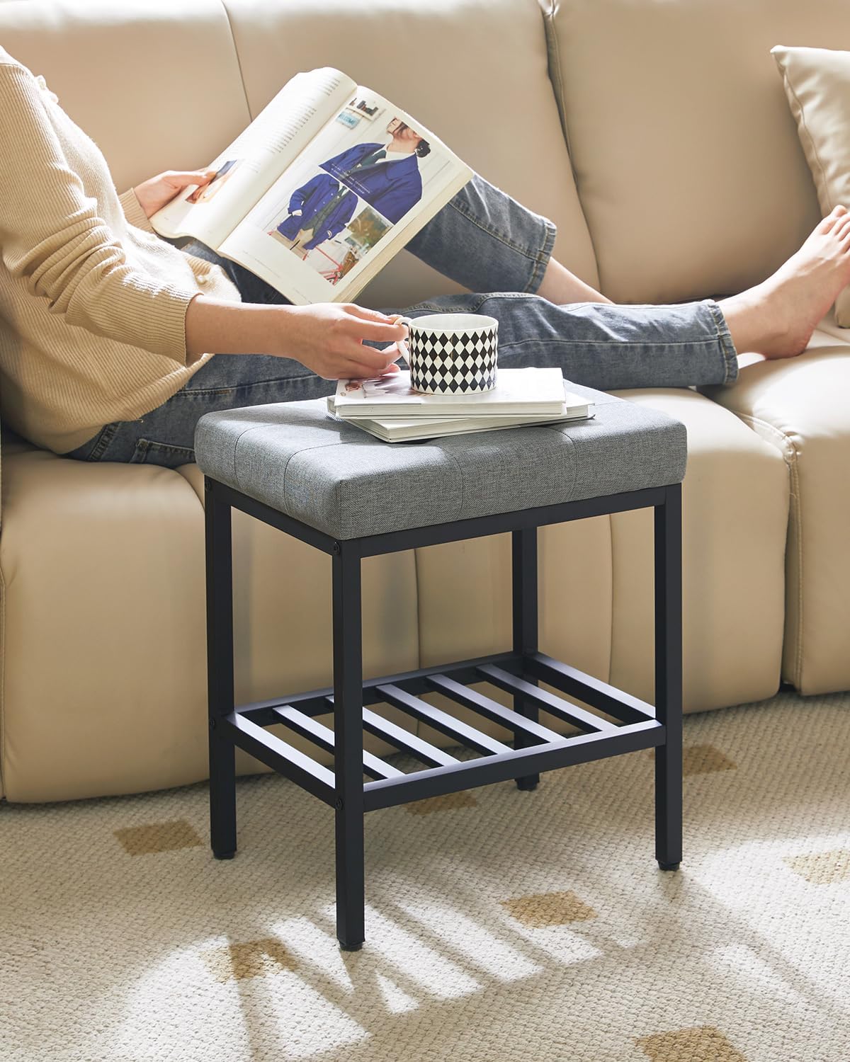 IBUYKE Rectangular Makeup Stool with Adjustable Feet and Storage Space, Footrest Chair, Linen Seat Vanity Stool, Multi-Use as Small Side Table or Ottoman, for Bedroom, Blue Gray WBD017L