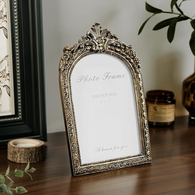 Cuspin Arched 5x7 Picture Frame Vintage Gold Frames, Bronze 5 by 7 Arched Picture Frame Hand-Crafted Resin with Glass Front Ornate Retro Antique Photo Frames for Wall and Tabletop Display Home Decor