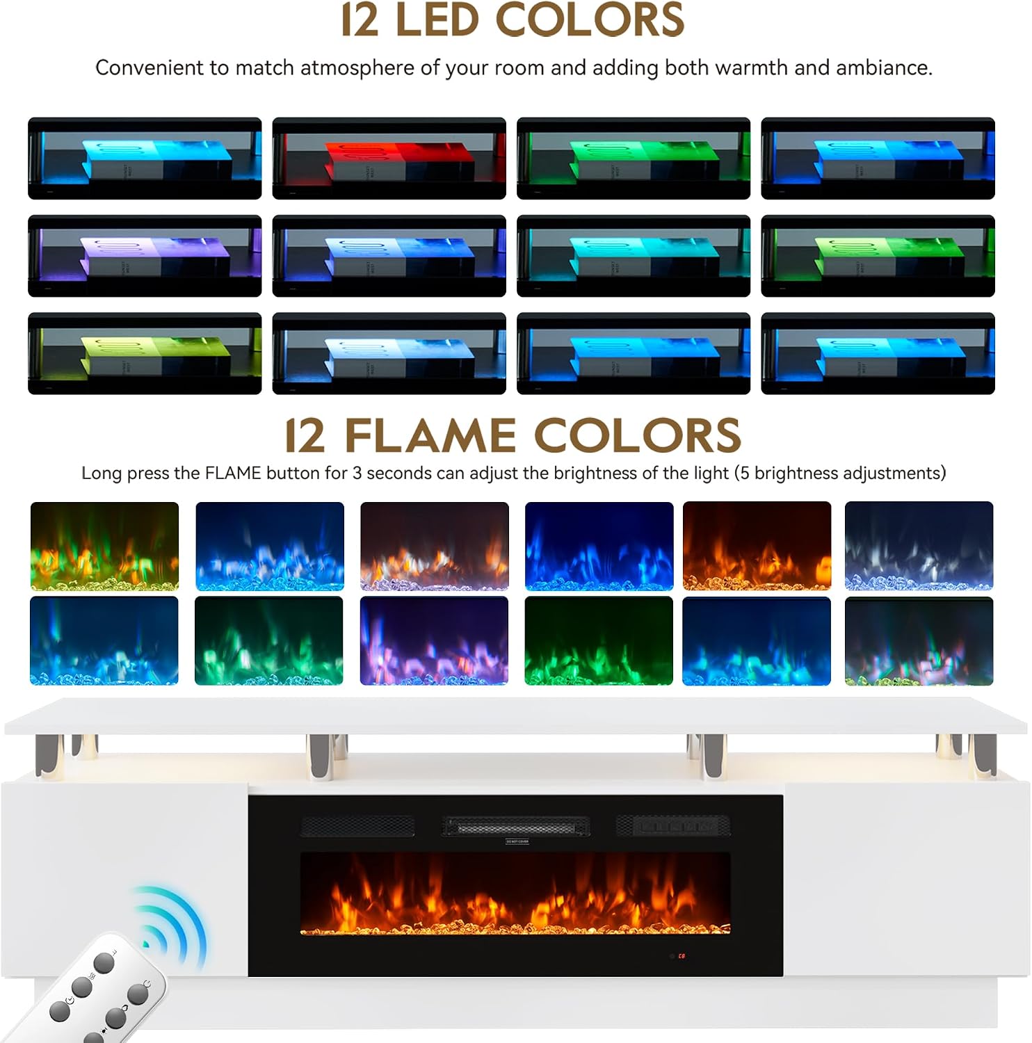 70" Fireplace TV Stand for TVs UP to 80", Electric Fireplace Entertainment Center with LED Lights & Storage Cabinets, TV Console for Living Room, Office, White-Black