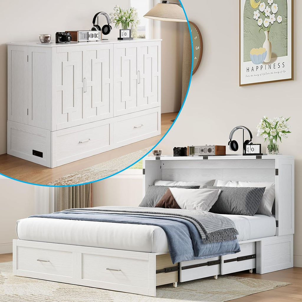 Mjkone 64" Width Queen Size Murphy Bed Cabinet with USB Charging Station, Guest Cabinets Bed with Large Drawers, Cube Cabinet Chest Beds for Bedroom, Home Office, Mattress Not Included, White