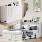 Mjkone 64" Width Queen Size Murphy Bed Cabinet with USB Charging Station, Guest Cabinets Bed with Large Drawers, Cube Cabinet Chest Beds for Bedroom, Home Office, Mattress Not Included, White