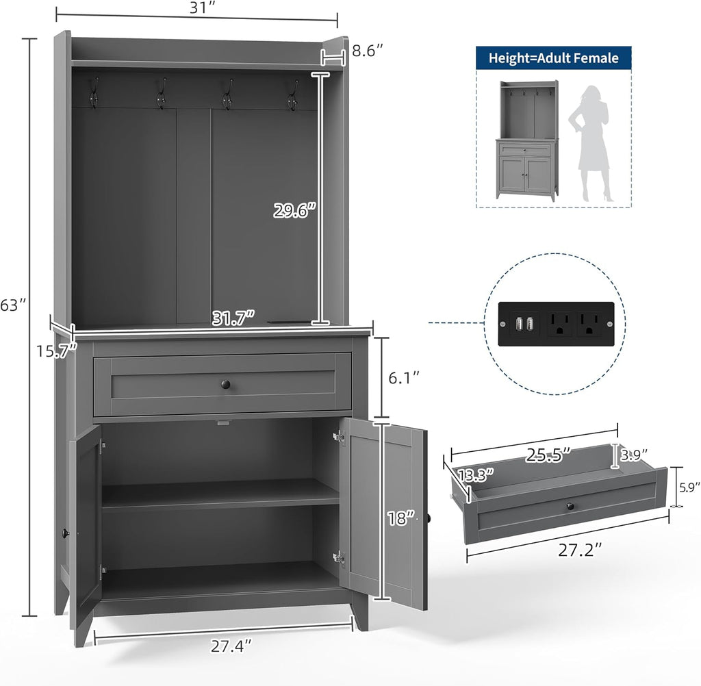 GarveeHome 63'' Pantry Cabinet with 4 Hooks, Kitchen Storage Cabinet with Charging Station, Coffee Bar Table for Living Room, Dining Room, 1 Large Drawer, Adjustable Shelves, Grey