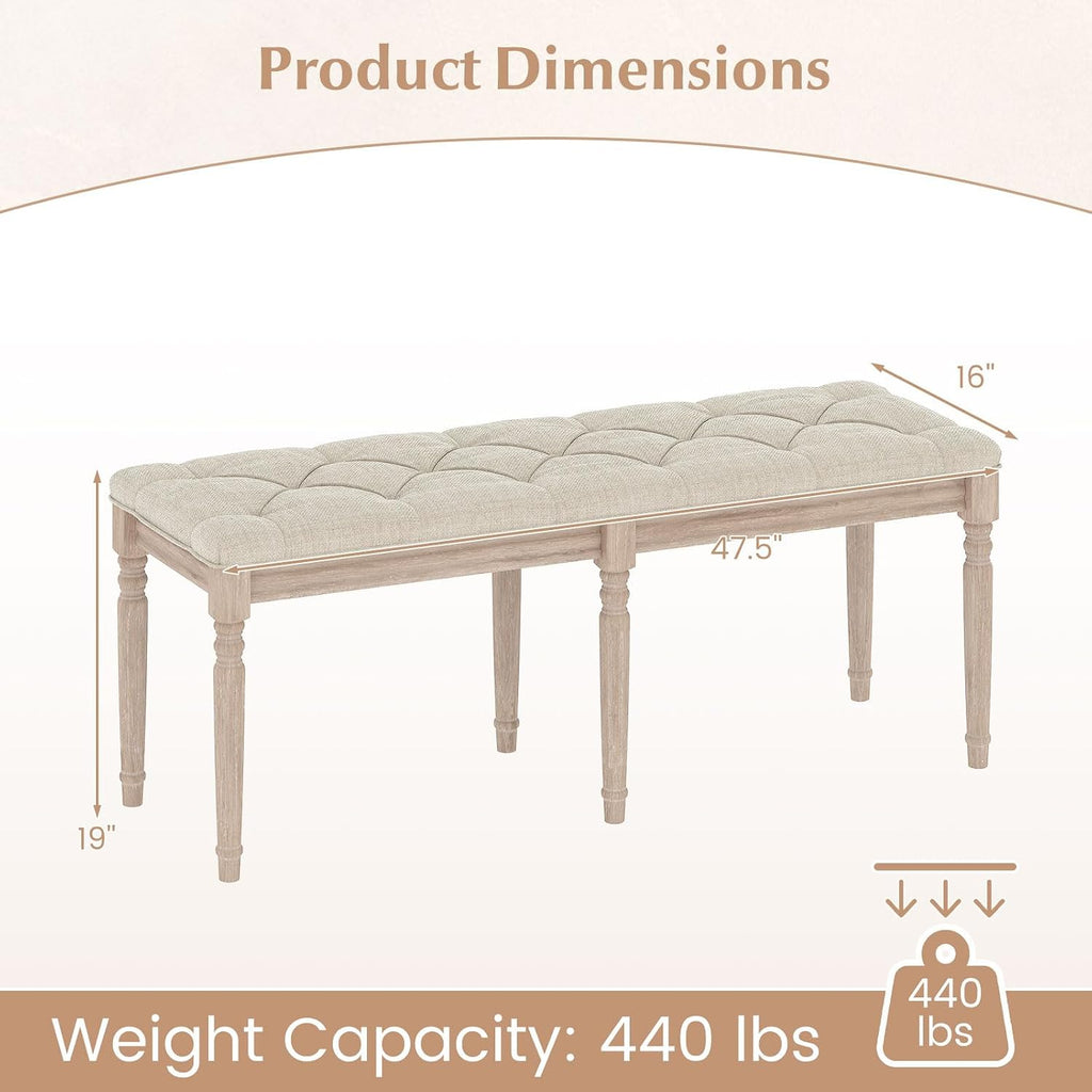 GOFLAME 47.5” Upholstered Bedroom Bench, French Tufted End of Bed Bench with Antiqued Legs, Rubber Wood Frame, Farmhouse Entryway Bench with Cushion, Dining Bench for Bedroom, Living Room, Hallway