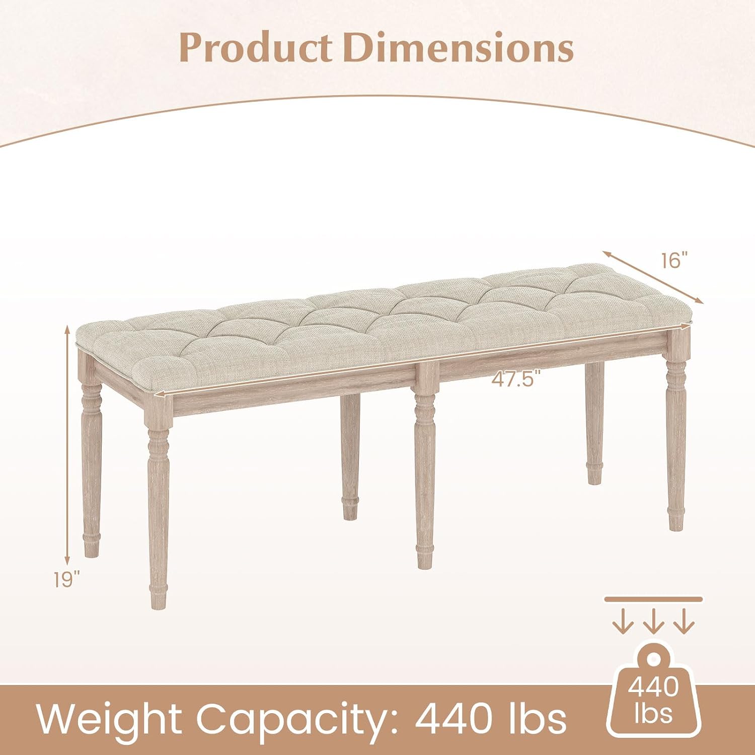 GOFLAME 47.5” Upholstered Bedroom Bench, French Tufted End of Bed Bench with Antiqued Legs, Rubber Wood Frame, Farmhouse Entryway Bench with Cushion, Dining Bench for Bedroom, Living Room, Hallway