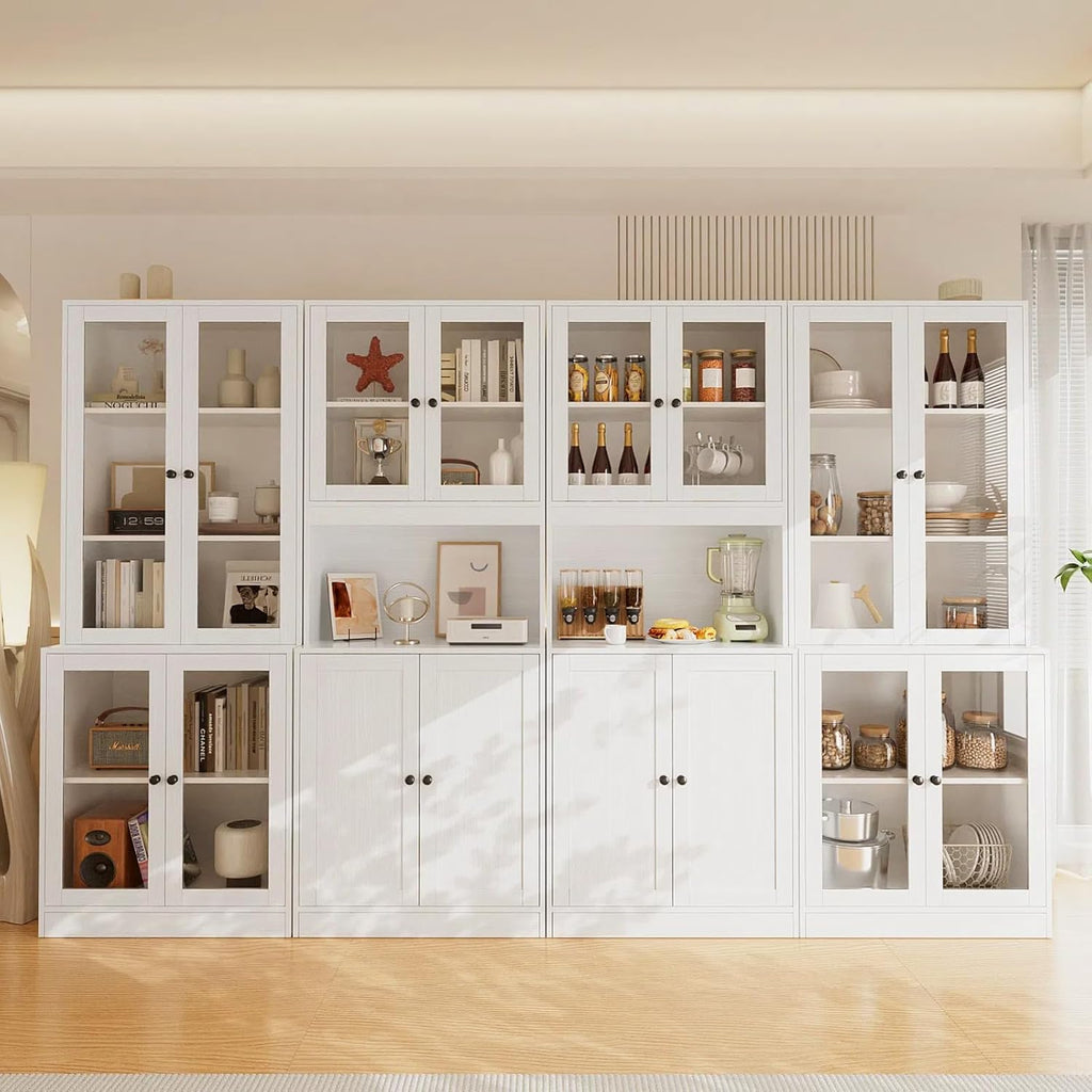 TUSY VOWNER 71'' Tall Pantry Cabinet, Kitchen Hutch Storage Cabinet, Buffet Hutch, China Cabinet with Glass Doors, 5-Tier Storage Cabinets for Dining Room, Kitchen, Living Room (White)