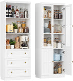 Cyclysio Farmhouse Kitchen Pantry Cabinets - 80" Tall Wood Kitchen Storage Cabinets with Adjustable Shelves & Doors & Drawers, Versatile Storage for Living Room, Kitchen, Set of 2 (White)