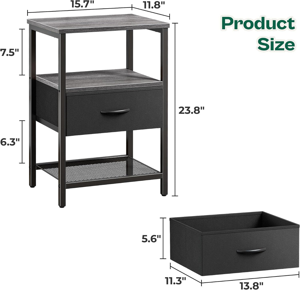 Huuger Nightstand Set of 2, Night Stand with Fabric Drawer, Mesh Shelf, Side Table with Storage, Fabric Drawer Dresser, Open Shelf, Metal Frame, Bedroom, Charcoal Gray