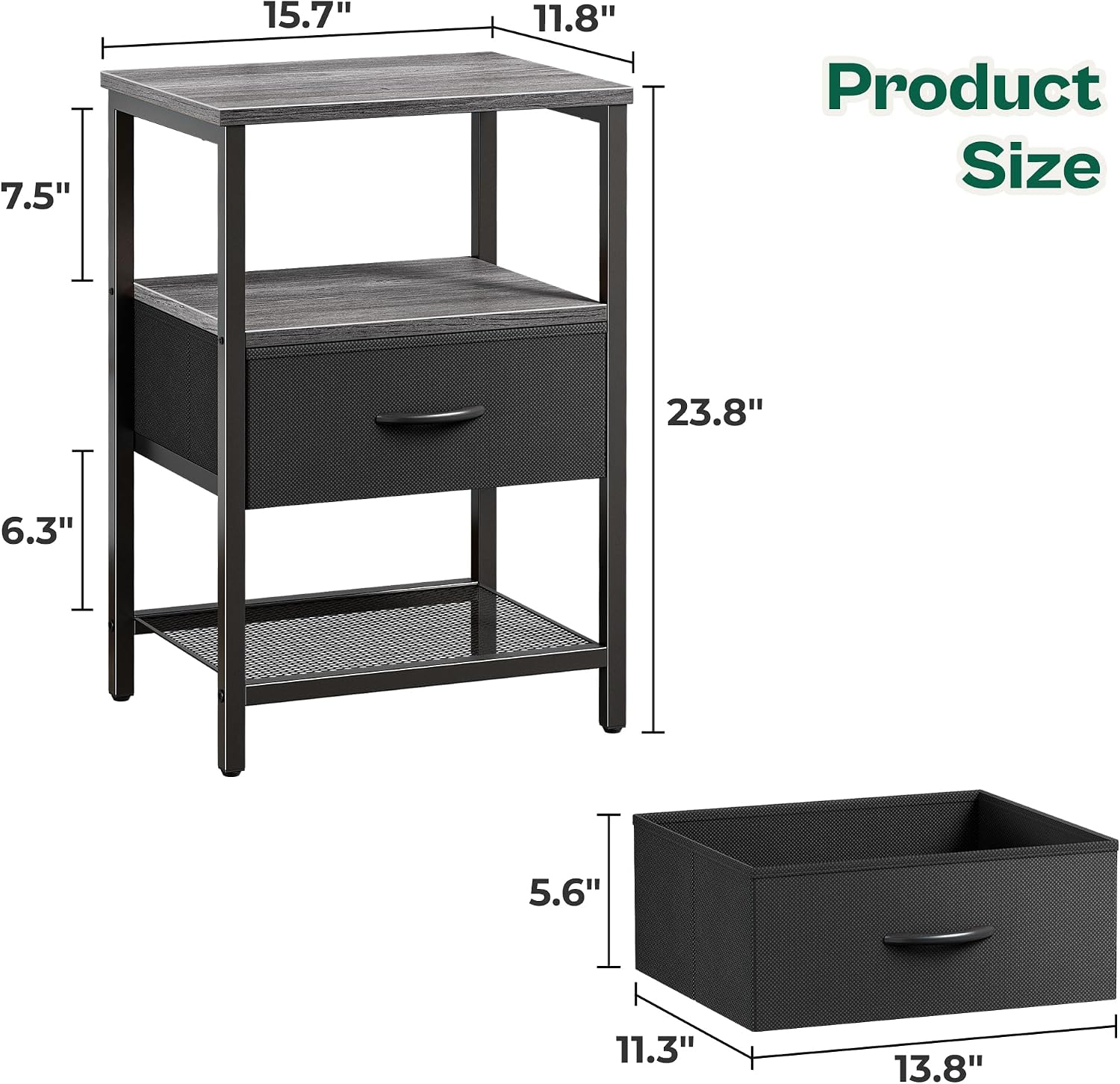 Huuger Nightstand Set of 2, Night Stand with Fabric Drawer, Mesh Shelf, Side Table with Storage, Fabric Drawer Dresser, Open Shelf, Metal Frame, Bedroom, Charcoal Gray