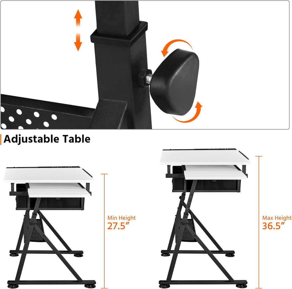 Yaheetech Adjustable Drafting Table Art Desk,Storage Drawers & Stool,White | MDF tabletop tilts 0-60° on a metal frame for drawing, crafts, and homework, with two supply drawers and a matching stool.