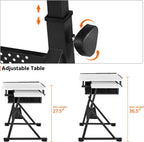 Yaheetech Adjustable Drafting Table Art Desk,Storage Drawers & Stool,White | MDF tabletop tilts 0-60° on a metal frame for drawing, crafts, and homework, with two supply drawers and a matching stool.