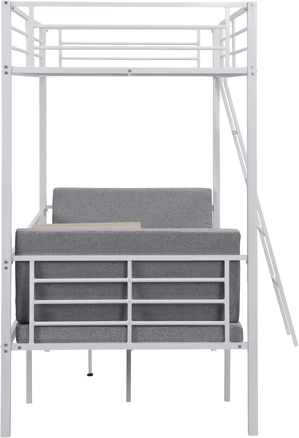Twin Size Metal Loft Bed with Built-in Wooden Table and Upholstery Chairs Set for Kids Teens, Full Length Guardrails Inclined Ladder, Bedroom, Dorm, Space Saving (White-with Built-in Table)